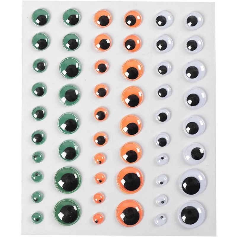 Selvklæbende Rulleøjne Orange/Grøn/Hvid - 54 stk (6 - 15 mm) - Temashop