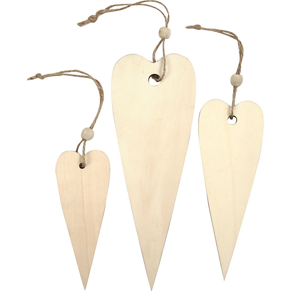 Træ Hjerteophæng Beige - 3 stk (12 / 16 / 20 cm x 5 mm) | Kærlighed Hængedekoration - Temashop