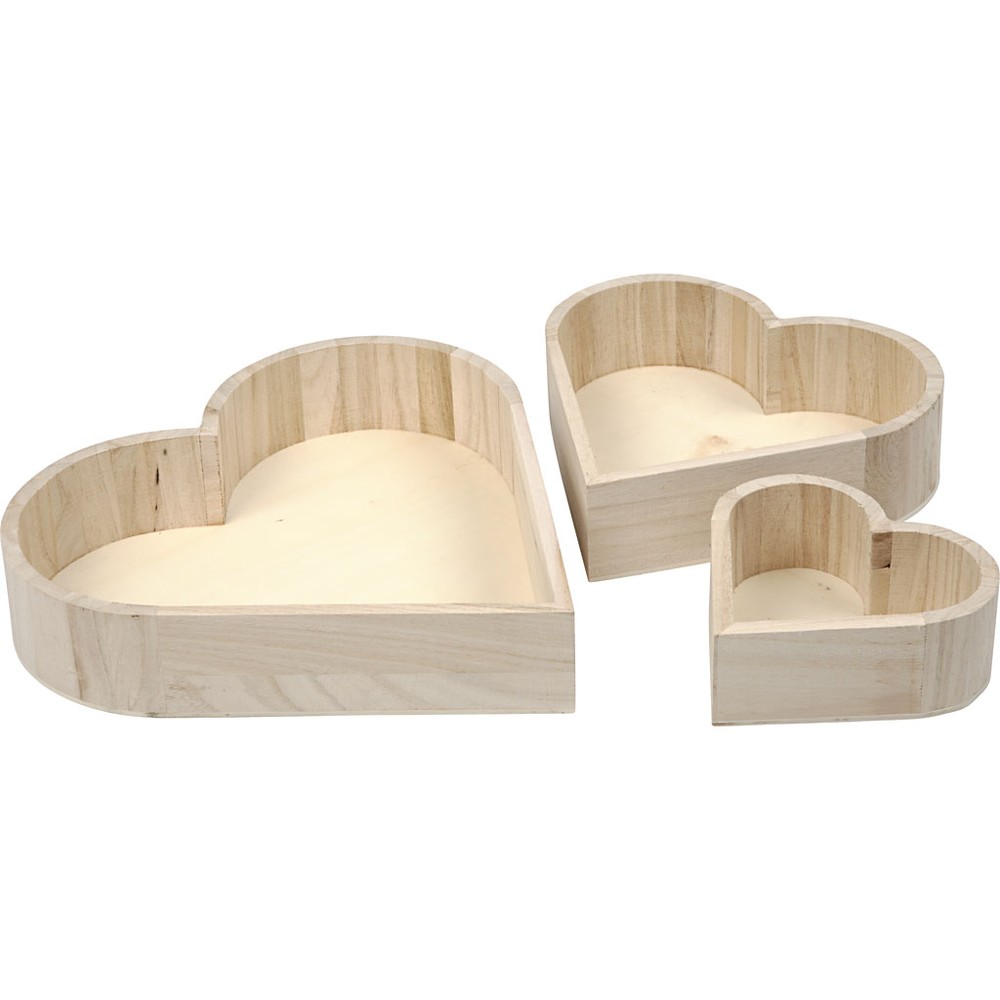 Hjerte Skåle Træ Beige - 3 stk (13-25 x 5-5,2 cm) | Kærlighed Dekorationsfigurer - Temashop