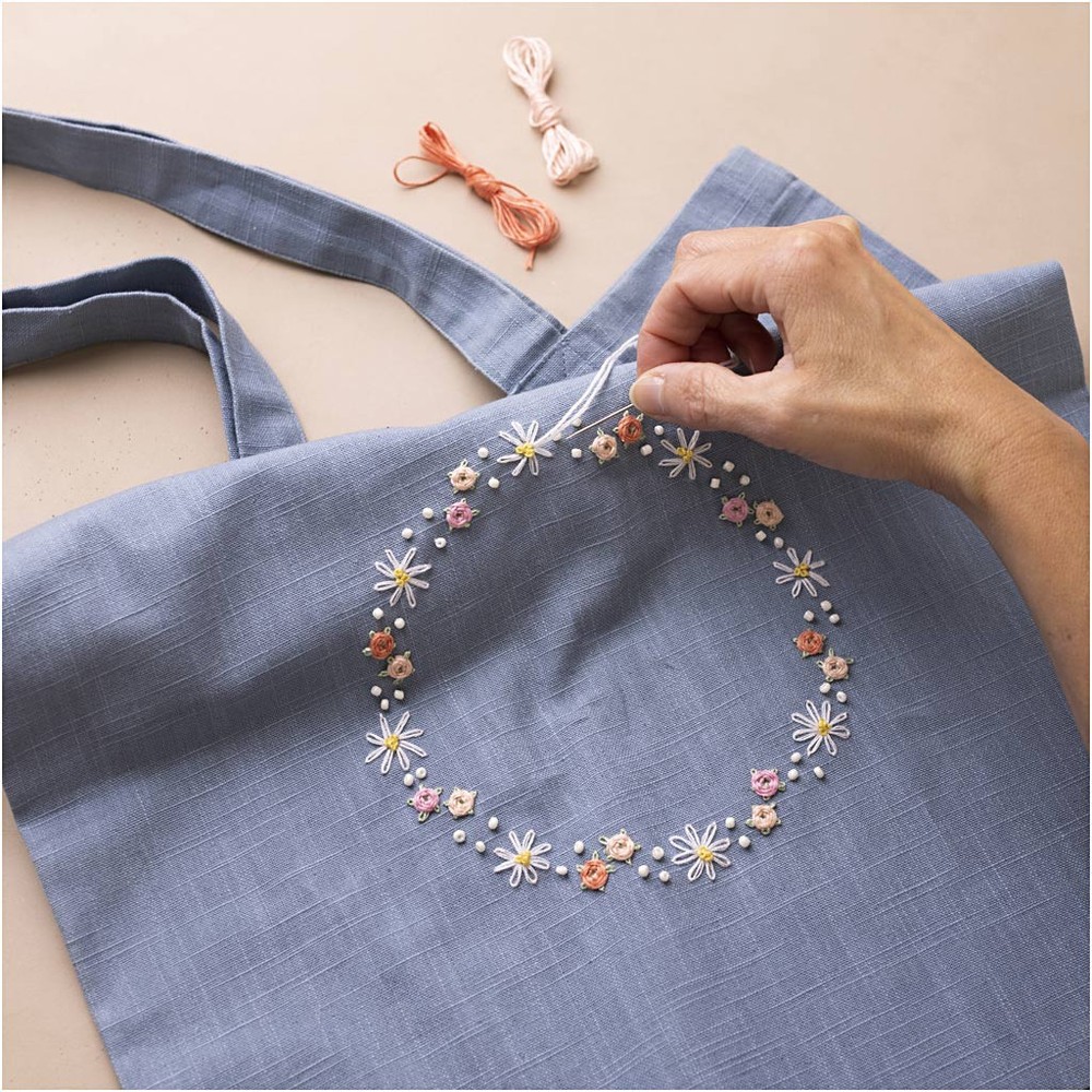 Broderi Stofpose DIY - 1 sæt | Blomst DIY pakke - Temashop