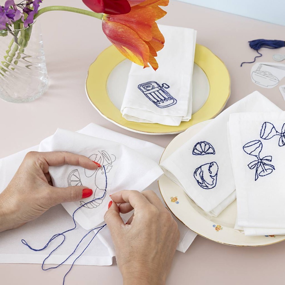 Broderede Stofservietter, DIY - 4 stk - Temashop