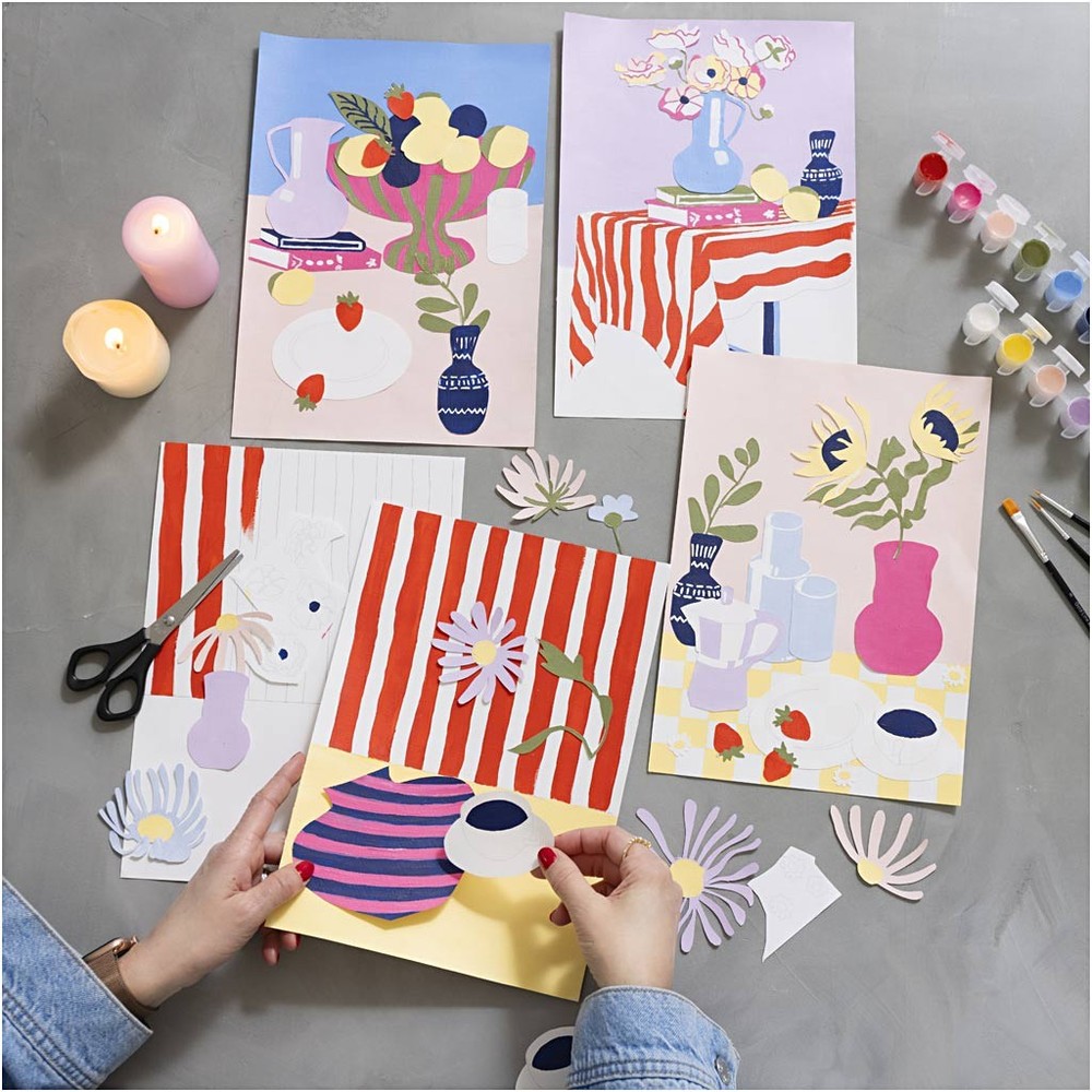 DIY Farvelægning Collage Blomster - 4 stk | Blomst DIY pakke - Temashop