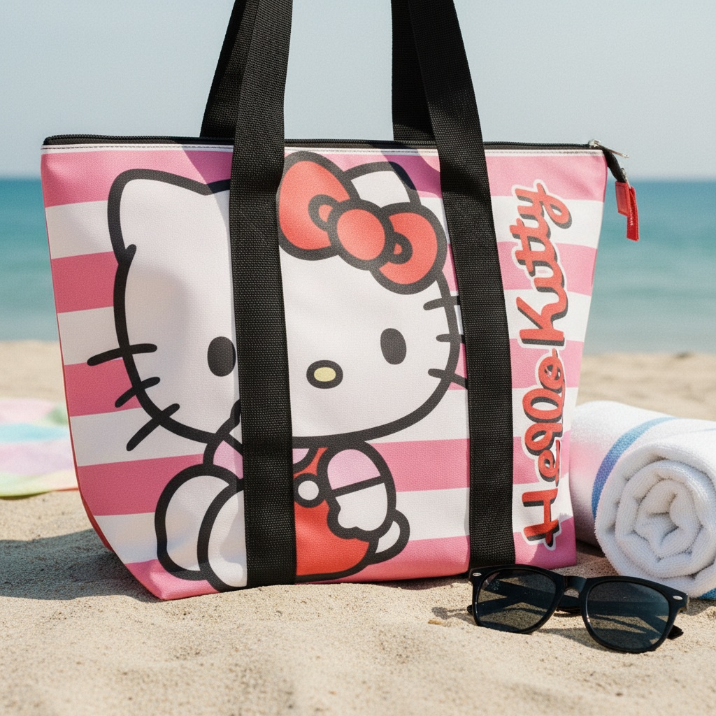 Hello Kitty Stribet Strandtaske (47 x 33 x 15 cm) | Hello Kitty Taske / Pung - Temashop