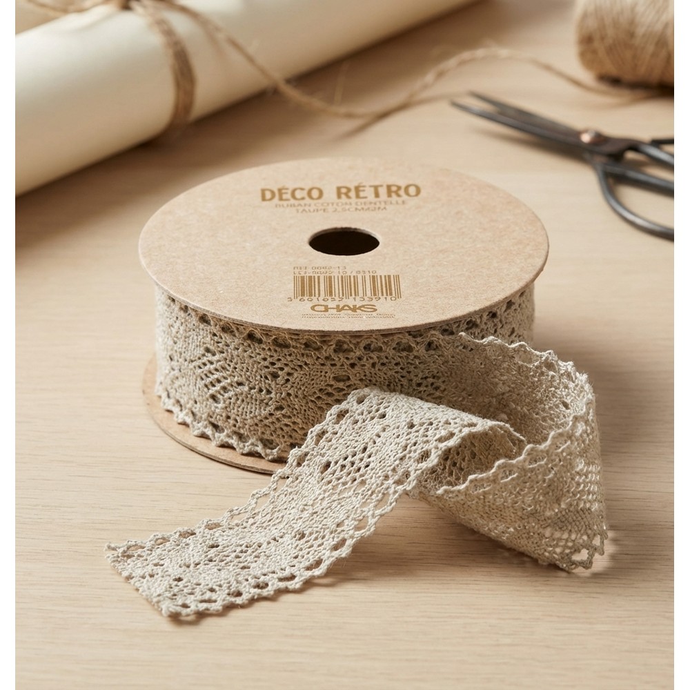 Vintage Blondebånd Gråbrun - 1 rulle (2,5 cm x 2 m) | Vintage theme Bånd - Temashop