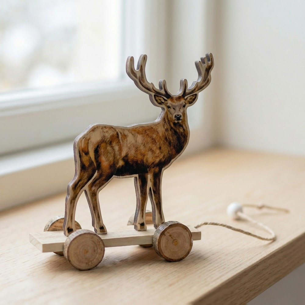 Træ Rensdyr På Hjul - 1 stk (11 x 9 x 4 cm) | Rensdyr Julepynt - Temashop