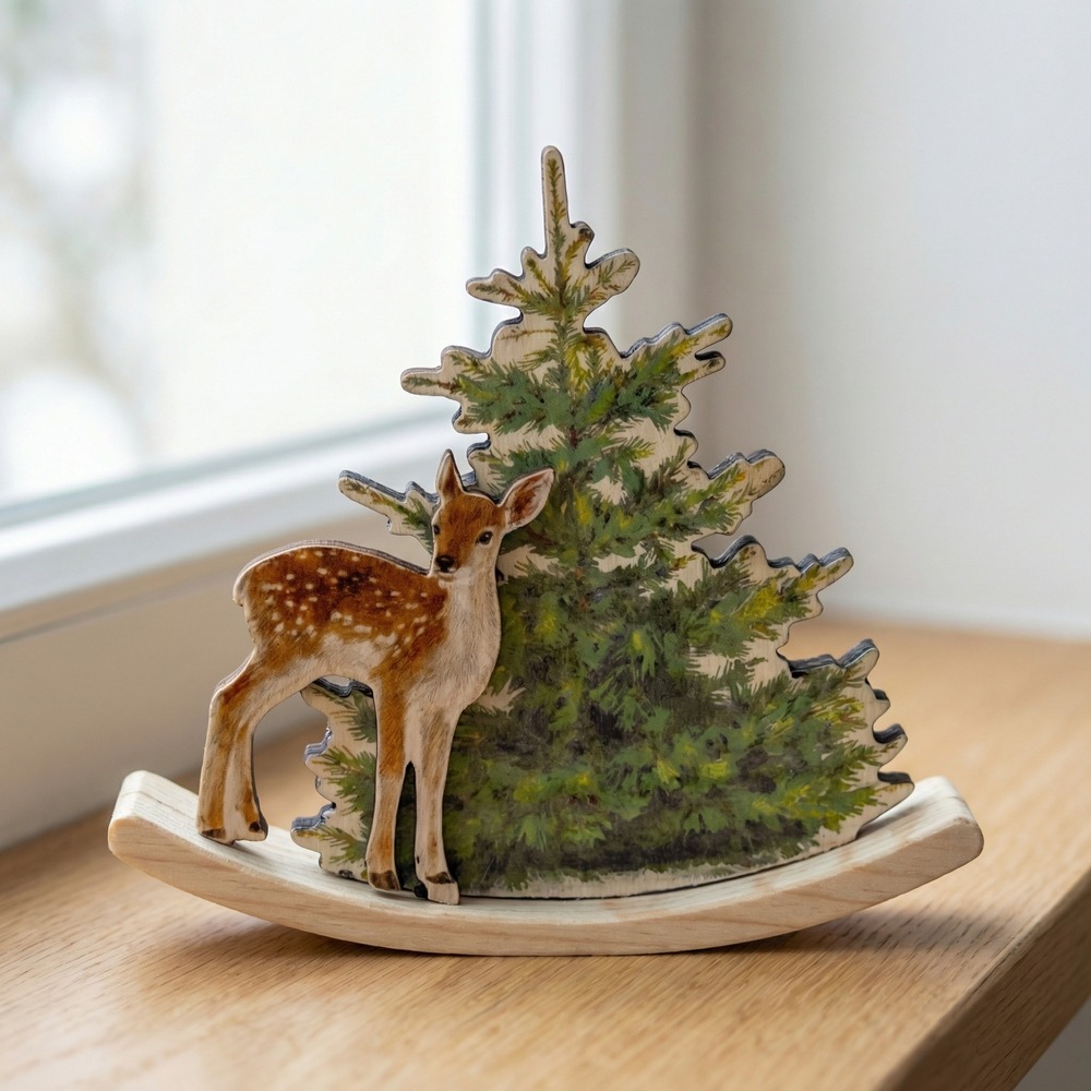 Rensdyr Julepynt I Træ - 1 stk (15 x 13,5 x 2,5 cm) | Hjort Julepynt - Temashop