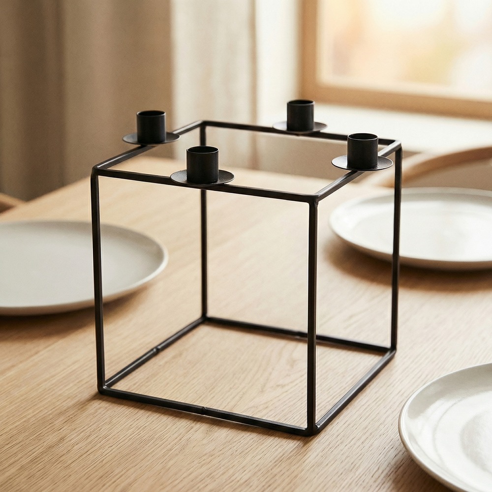 Kvadrat Lysestage Sort - 1 stk (24 x 23 cm) - Temashop