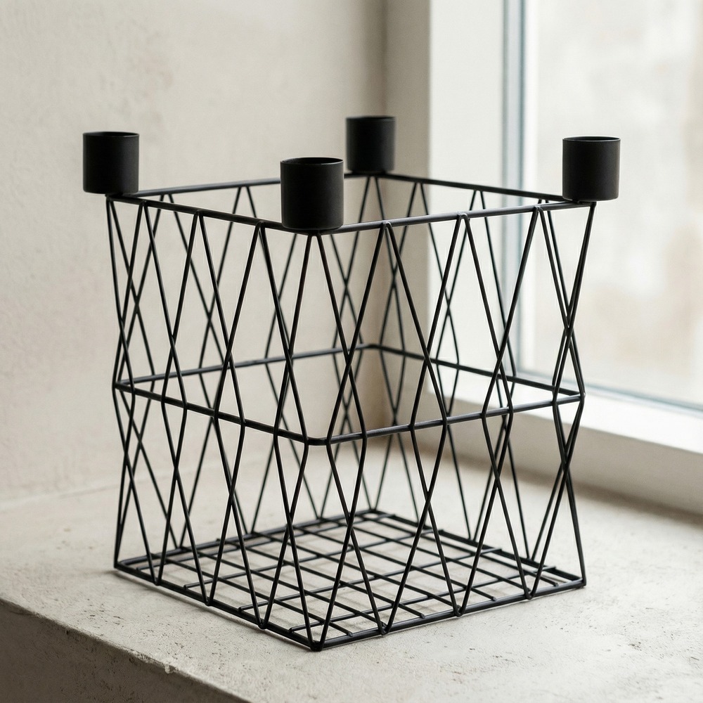 Trådramme Lysestage Sort - 1 stk (19 x 19 x 23 cm) - Temashop