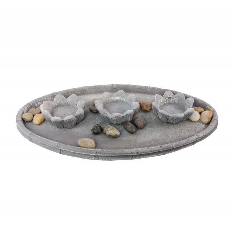 Oval Lysestagebakke Med Blomster Grå - 1 stk | Blomst Lysestager - Temashop