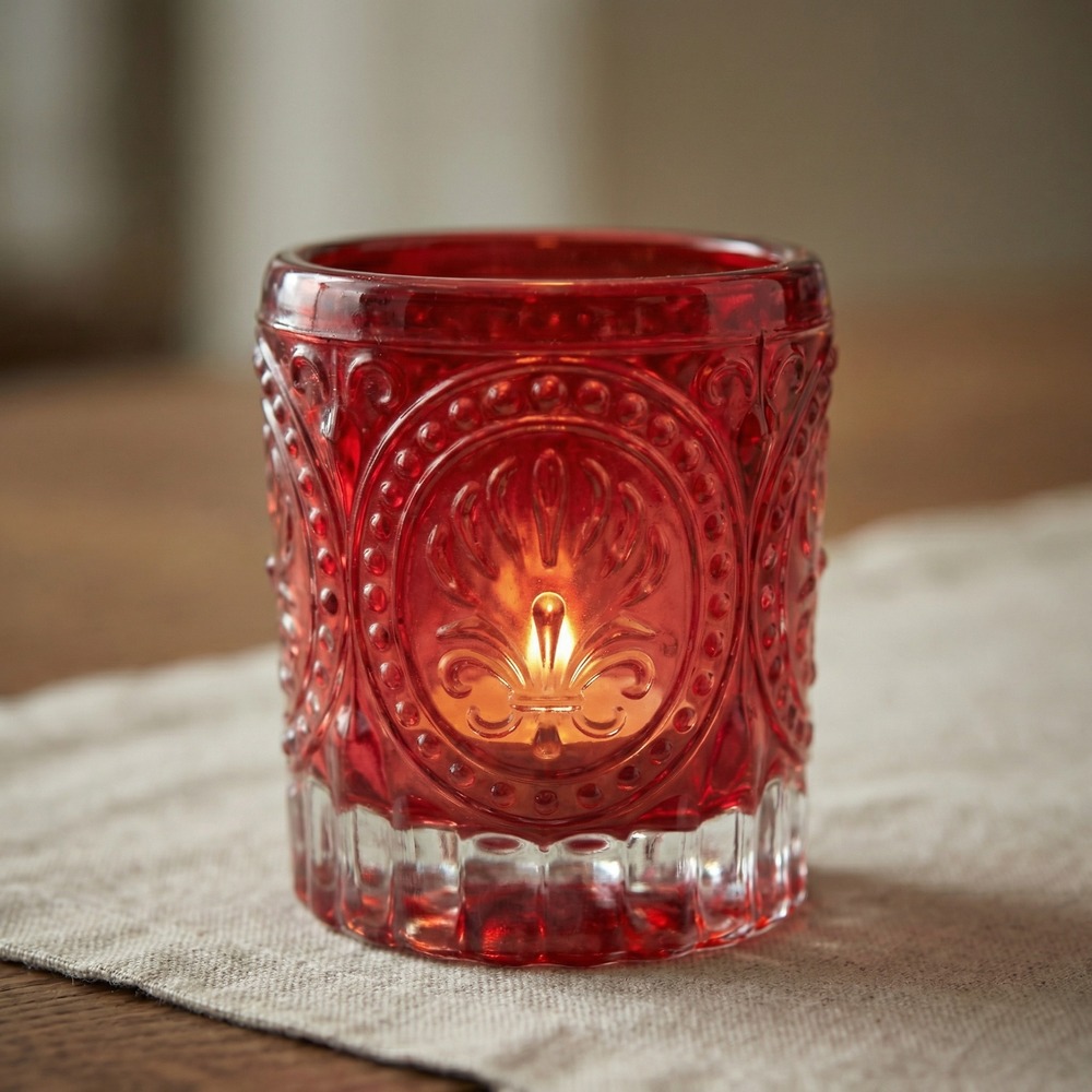 Mønstret Glas Lysestage Rød - 1 stk (6,7 x 7,8 cm) | Rødt tema Lysestager - Temashop