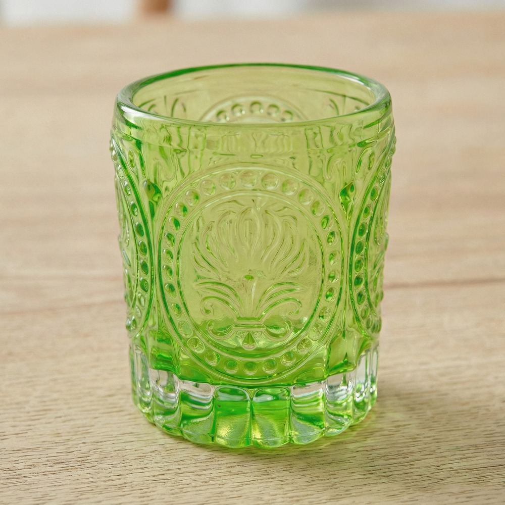 Mønstret Glas Lysestage Grøn - 1 stk (6,7 x 7,8 cm) | Grønt tema Lysestager - Temashop