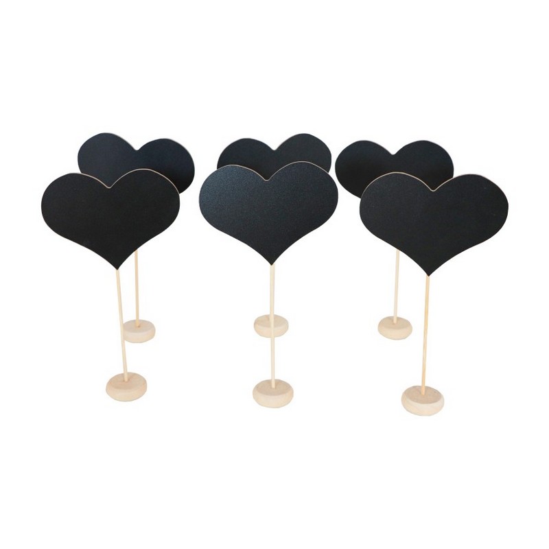 Tavlehjerter Bordskilte Sort - 6 stk (11,5 cm x 21 cm) | Kærlighed Bordnumre / bordkort / holdere - Temashop