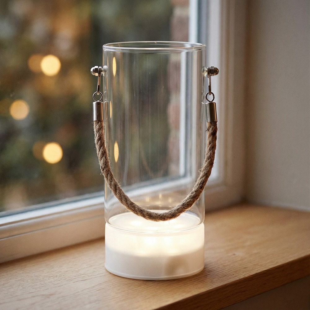 LED Glaslanterne Med Jute - 1 stk (9,5 x 20 cm) | Julepynt Lanterner - Temashop