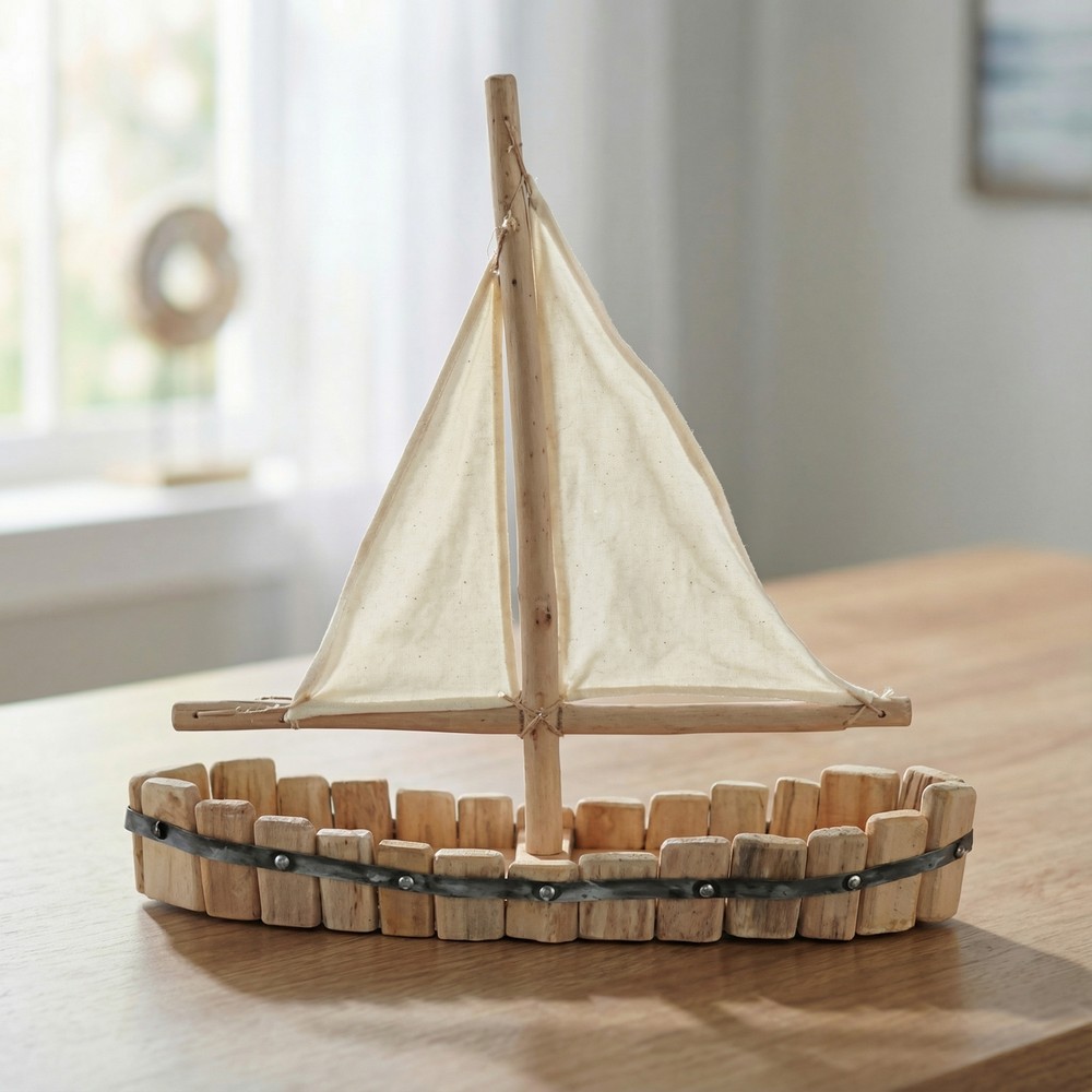 Maritimt Træskib Centerpiece Natur - 1 stk (49 x 13 x 47 cm) | Maritimt Centerpieces - Temashop