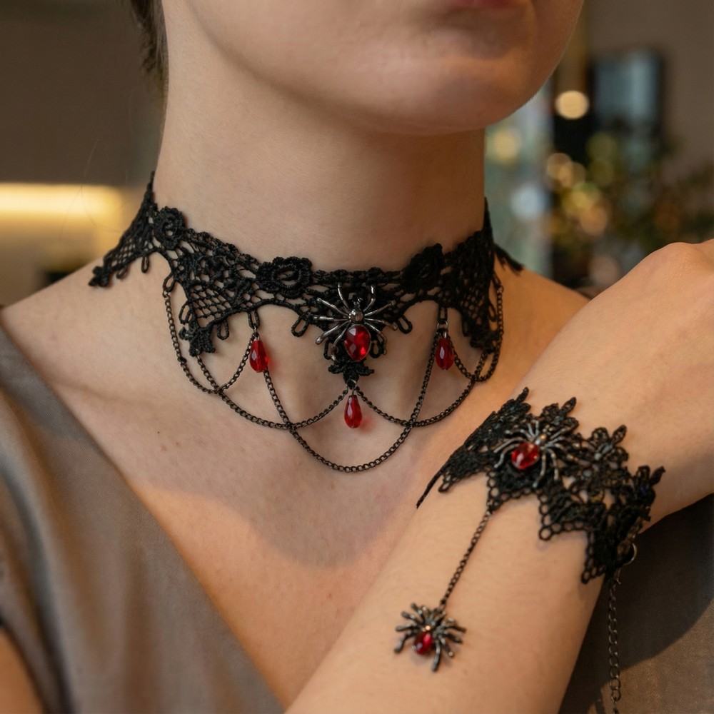 Edderkop Choker & Armbånd Sort/Rød | Edderkop Halskæder - Smykker - Temashop