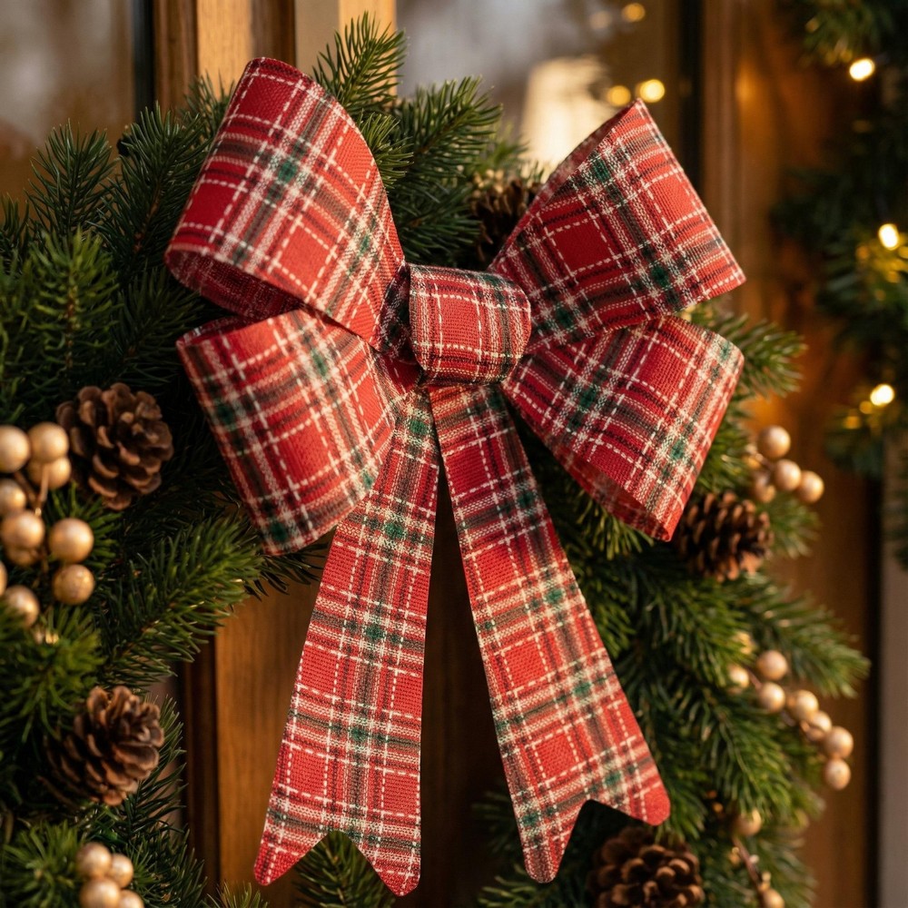 Tartan Julesløjfe Rød - 1 stk (36,5 x 50,8 cm) | Julepynt Bånd - Temashop