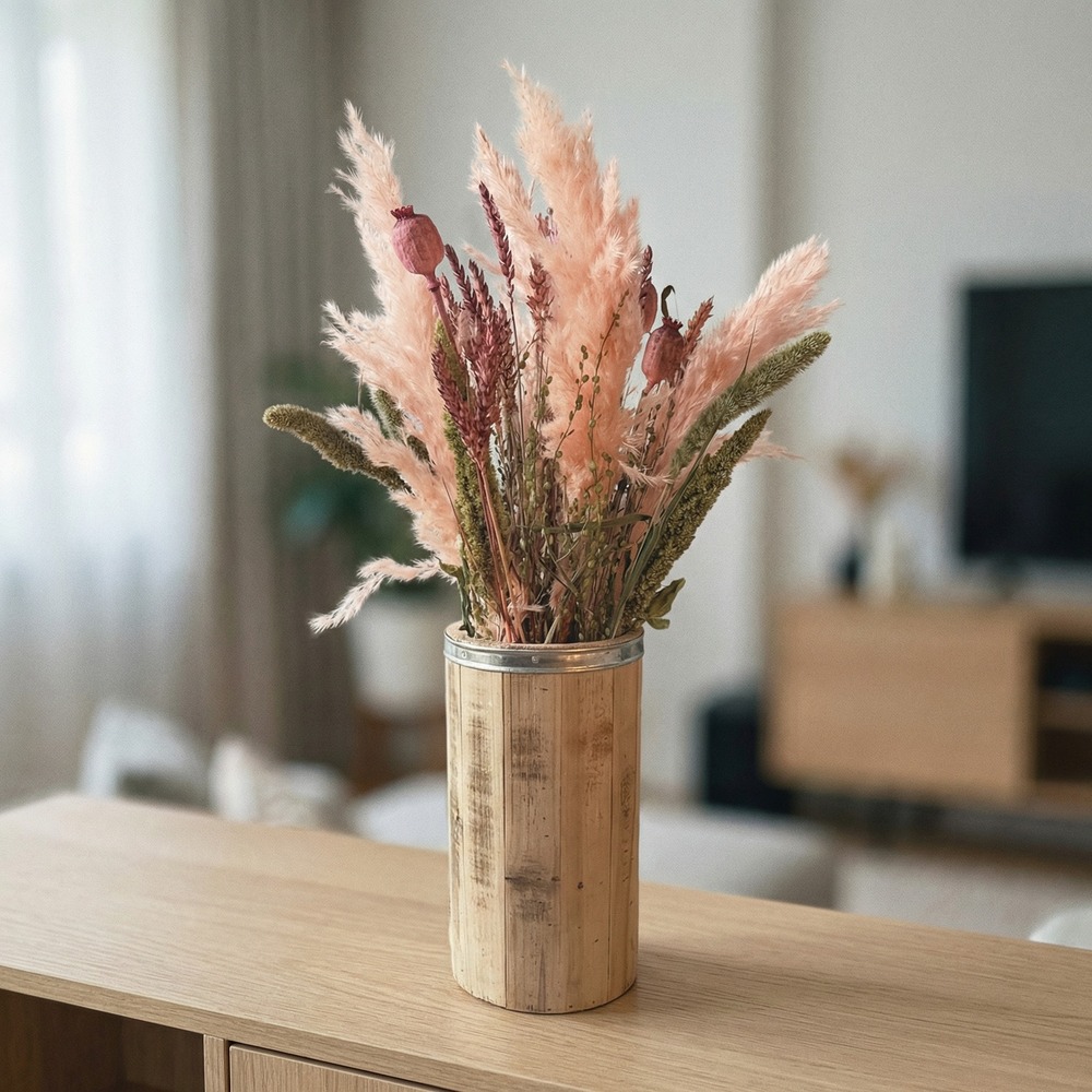 Tørret Blomsterdekoration Træpotte Rosa - 1 stk (15 x 55 cm) | Natur tema Kunstige blomster - Temashop