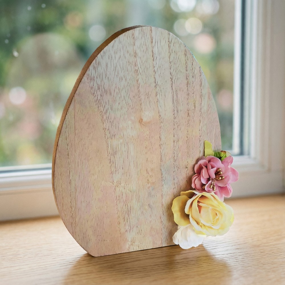 Træ Påskeæg Med Blomster Natur - 1 stk (14 x 1,8 x 18,5 cm) | Påske Påskepynt - Temashop