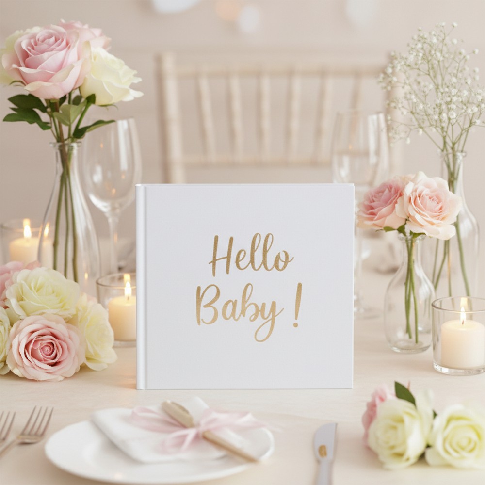 Hello Baby Gæstebog Guld - 1 stk (20,5 x 20,5 cm) | Babyshower Gæstebøger - Temashop