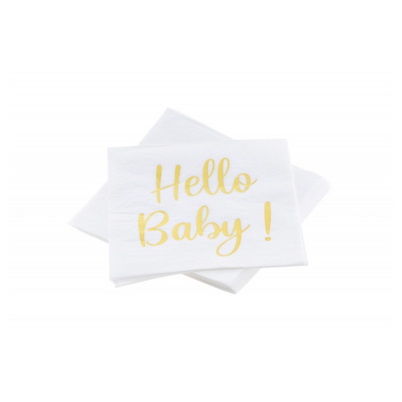 Hello Baby Servietter Guld - 20 stk (33 cm x 33 cm) | Babyshower Servietter - Temashop