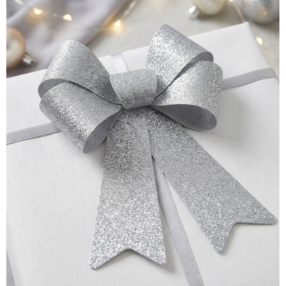 Glimmer Dekorationssløjfe Sølv - 1 stk (22,9 x 39,1 cm) | Sølv tema Bånd - Temashop