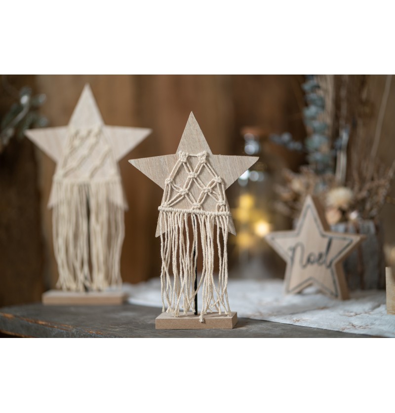 Træstjerne Med Macrame Natur - 1 stk (15 x 4,5 x 25 cm) | Natur tema Julepynt - Temashop
