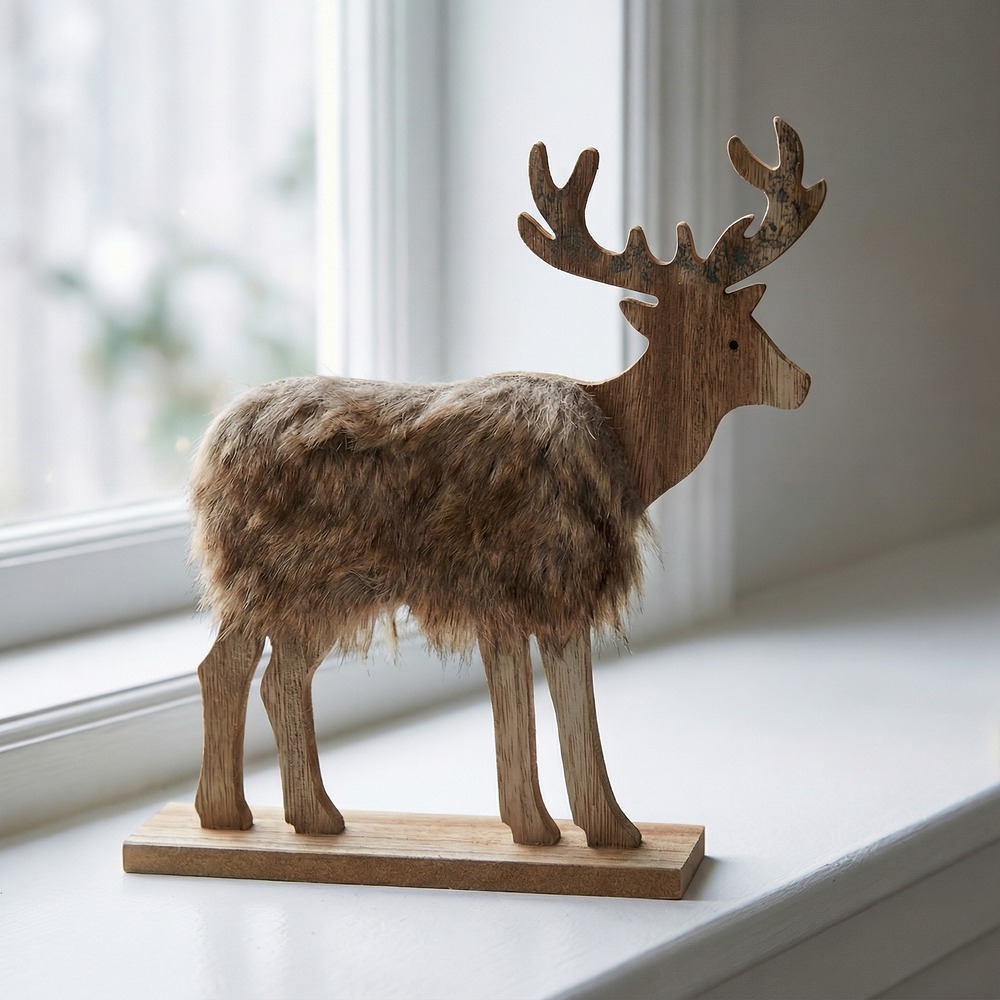 Træ Rensdyr Med Pels Brun - 1 stk (23 x 5 x 23 cm) | Rensdyr Julepynt - Temashop