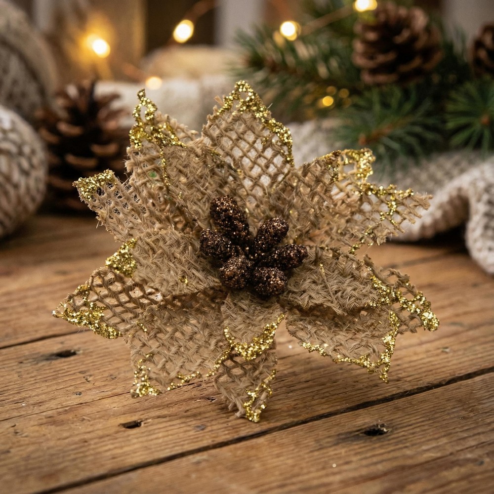 Kunstig Julestjerne Blomst Jute - 4 stk (6 cm) | Julepynt Kunstige blomster - Temashop