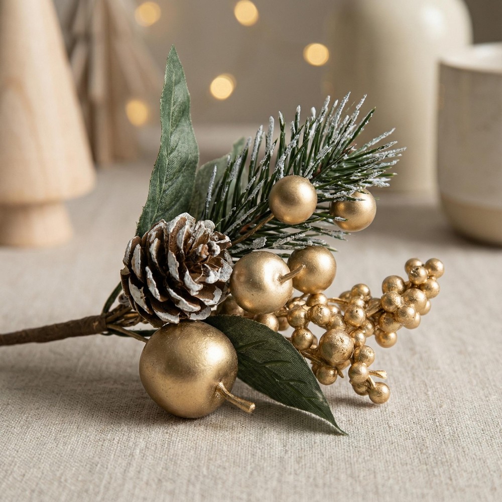 Julegren Med Kogle & Gyldne Bær - 1 stk (13 cm) | Blomst Kunstige blomster - Temashop