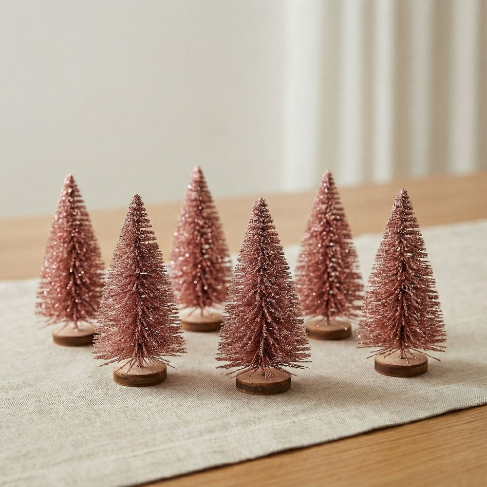 Mini Juletræer Med Glimmer Rosa - 6 stk (4 x 7 cm) | Juletræ Julepynt - Temashop