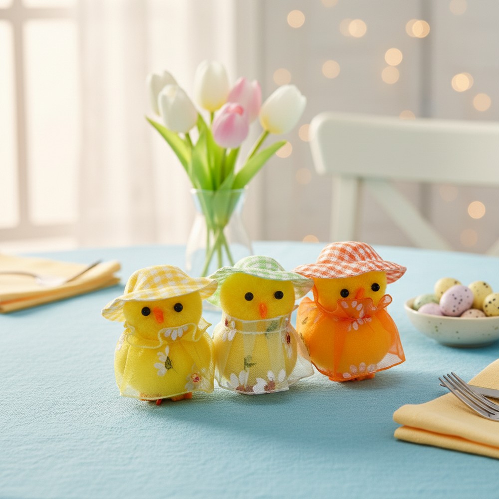 Påskekyllinger Med Solhatte - 3 stk (3.5 x 5.5 cm) | Påske Centerpieces - Temashop