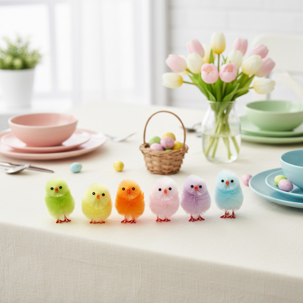 Multifarvede Påskekyllinger - 6 stk (4 cm) | Påske Centerpieces - Temashop