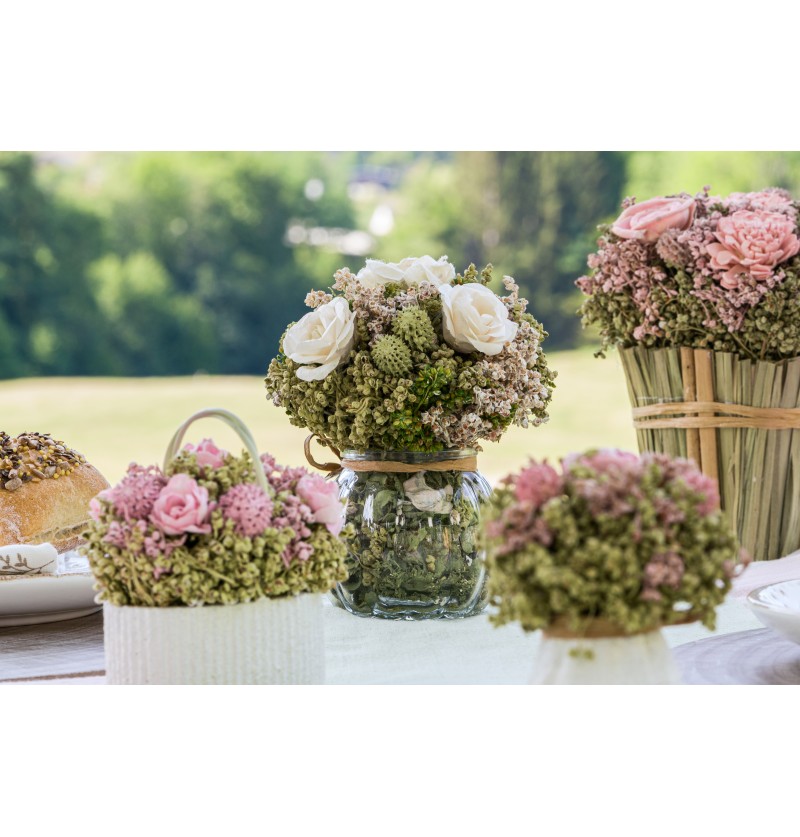 Kunstig Rosebuket I Glasvase Hvid