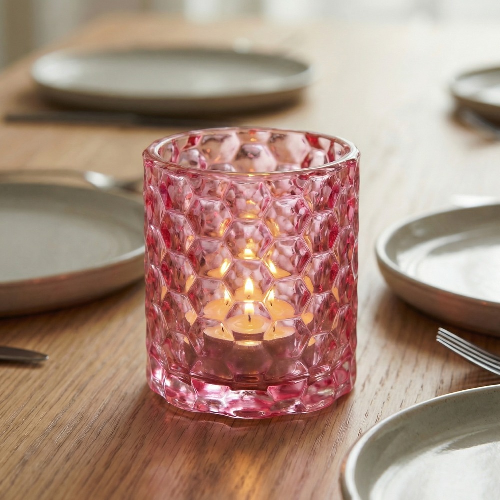 Facetteret Glas Lysestage Pink - 1 stk (7,8 x 8,8 cm) - Temashop