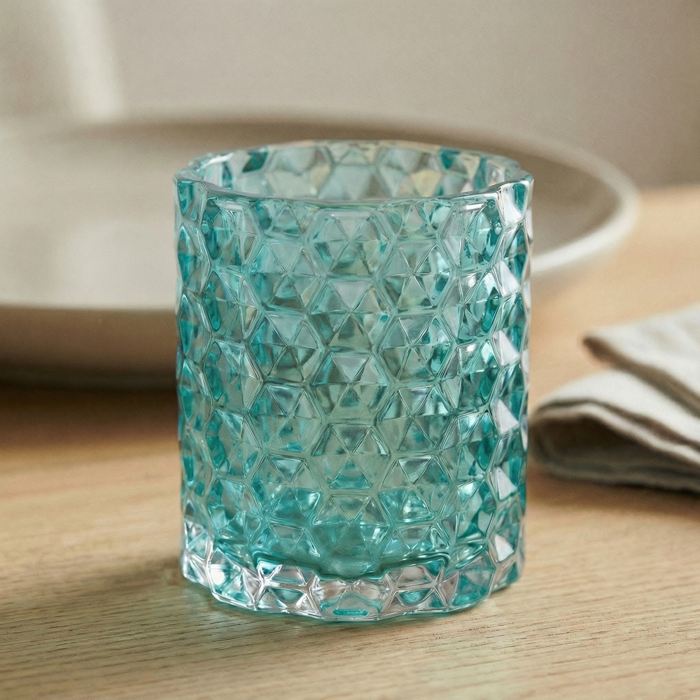 Krystal Glas Lysestage Blågrøn - 1 stk (7,8 x 8,8 cm) - Temashop