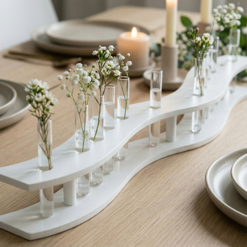Bølgeformet Træ Centerpiece Hvid - 1 stk (100 x 13 x 10 cm) - Temashop