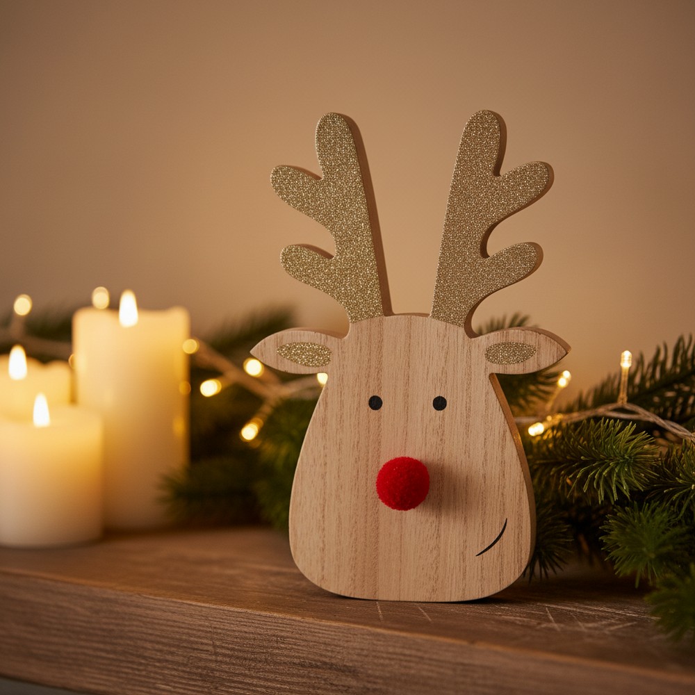 Rensdyret Rudolf Træ Dekoration - 1 stk (13 x 2 x 20 cm) | Rensdyr Julepynt - Temashop