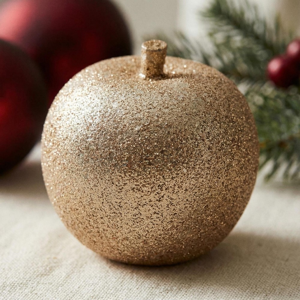 Glitter Æble Julepynt Guld - 1 stk (6 x 6 cm) | Julepynt Julepynt - Temashop