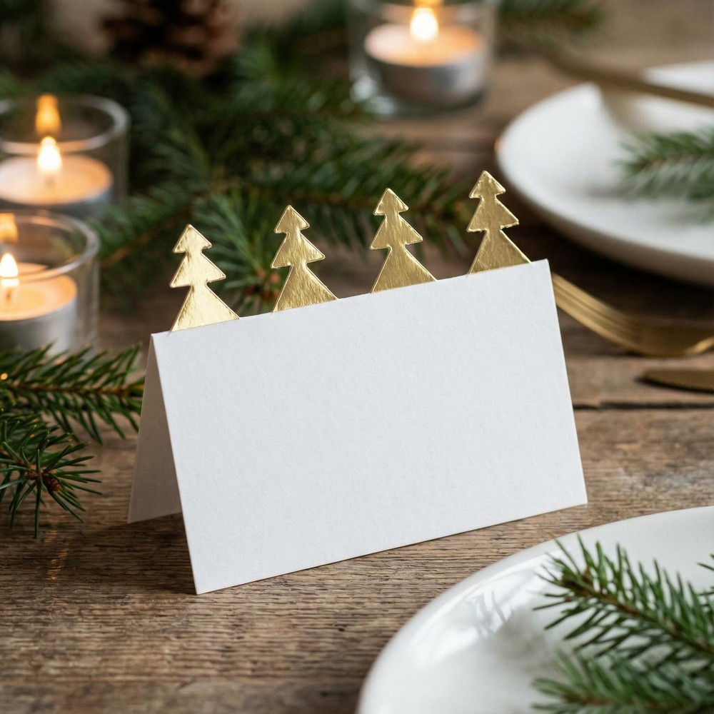 Juletræ Bordkort Hvid/Guld - 6 stk (9 x 5 cm) | Juletræ Bordnumre / bordkort / holdere - Temashop