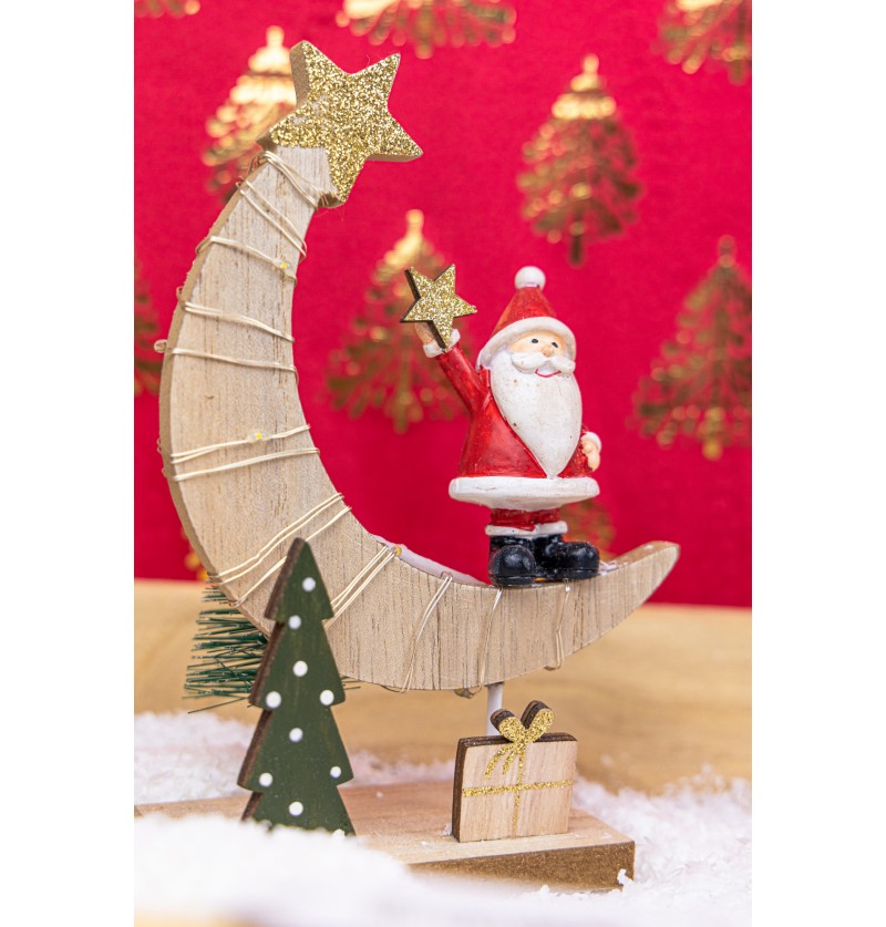 Julemand På Måne Trædekoration - 1 stk (11 x 5 x 16,5 cm) | Julemand Julepynt - Temashop