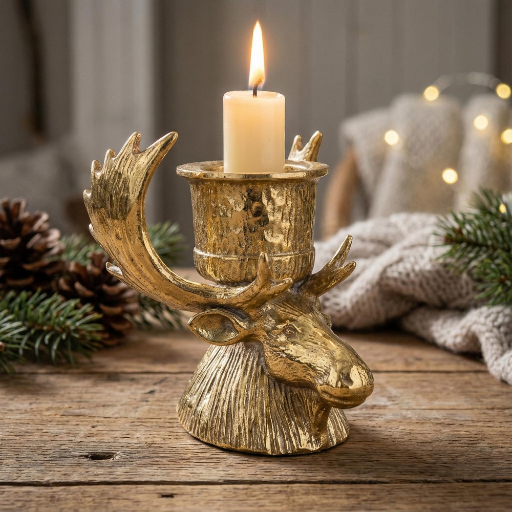 Elghoved Lysestage Guld - 1 stk (13,5 x 14 x 14 cm) | Hjort Lysestager - Temashop