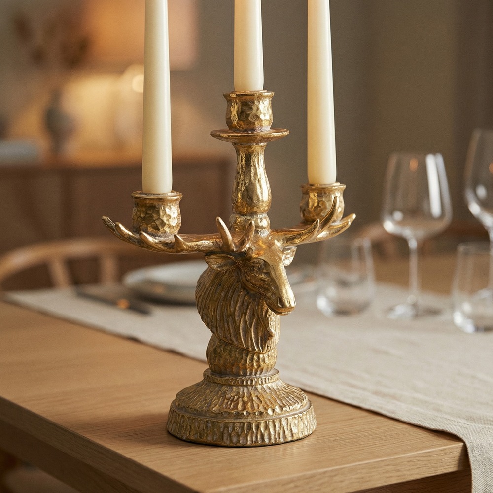 Kronhjort Lysestage Guld - 1 stk (22,5 x 13 x 28 cm) | Hjort Lysestager - Temashop