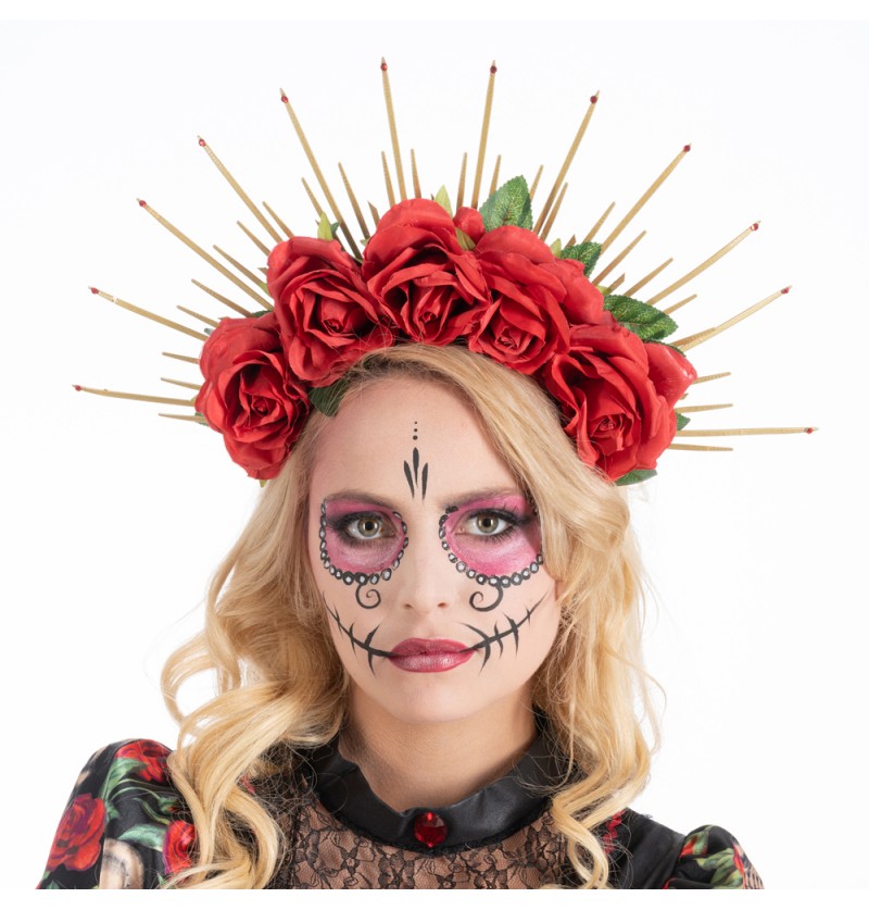 Day Of The Dead Blomsterkrone Hårbøjle Rød | Day of the Dead Hårbøjle / Pandebånd / Hårbånd - Hovedtilbehør - Temashop