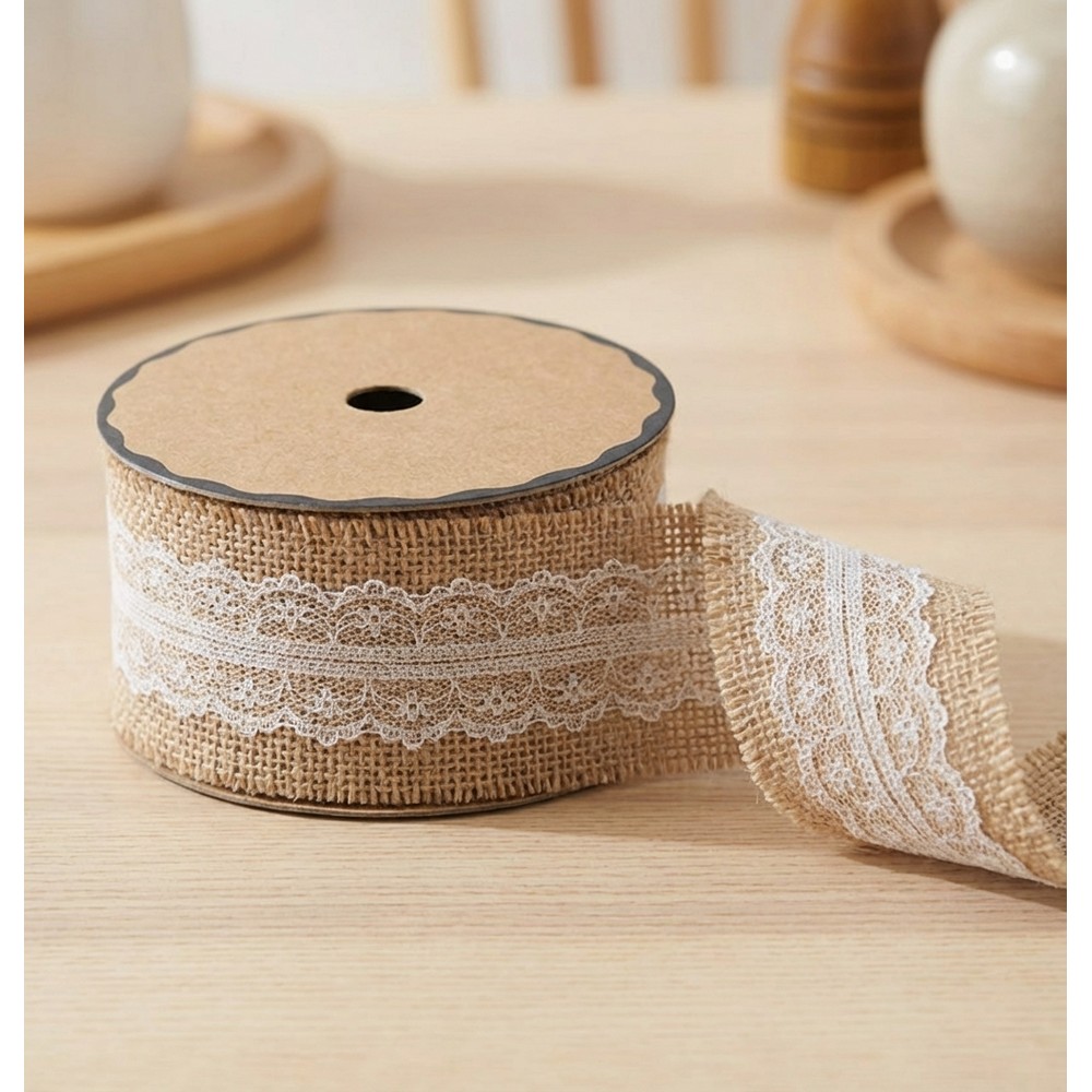 Jutebånd Med Blonde Natur - 1 rulle (5 cm x 5 m) | Vintage theme Bånd - Temashop