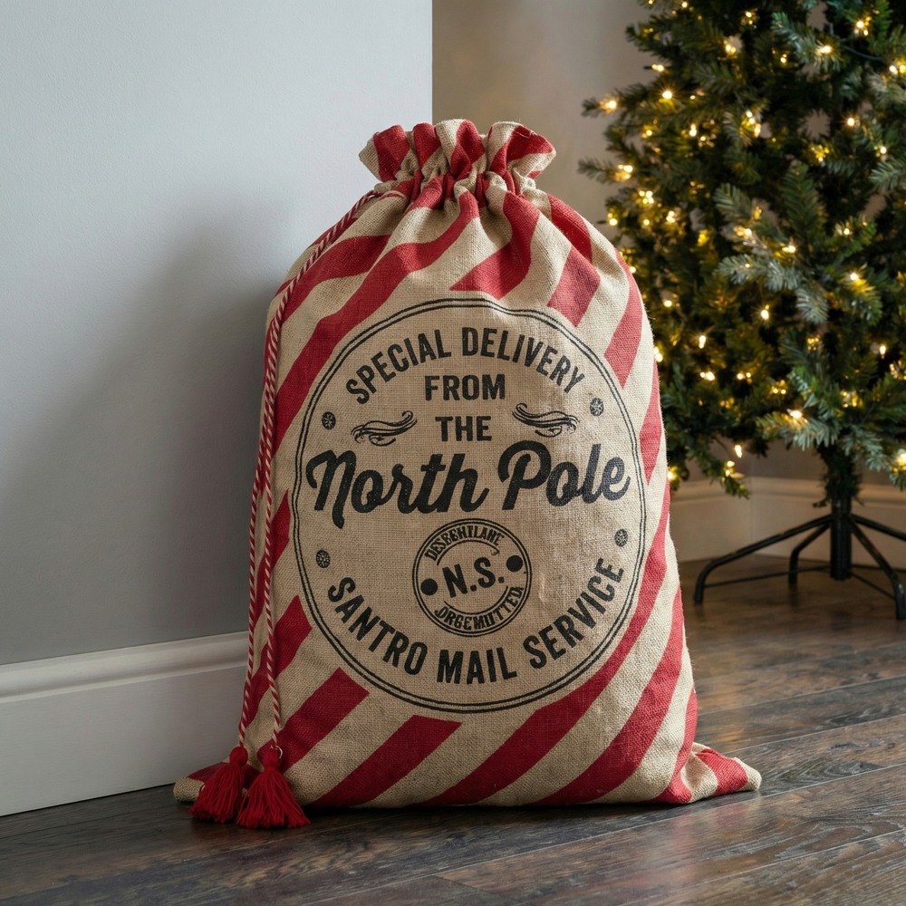 North Pole Julesæk Med Striber Rød - 1 stk (50 x 70 cm) | Julepynt Julepynt - Temashop