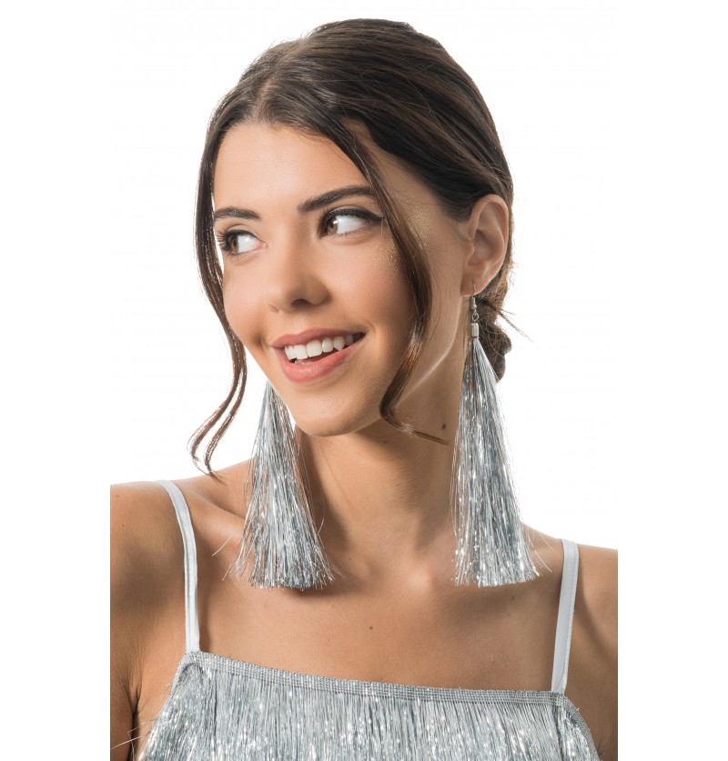 Glitter Frynse Øreringe Sølv (17 cm) | Sølv tema Øreringe - Smykker - Temashop