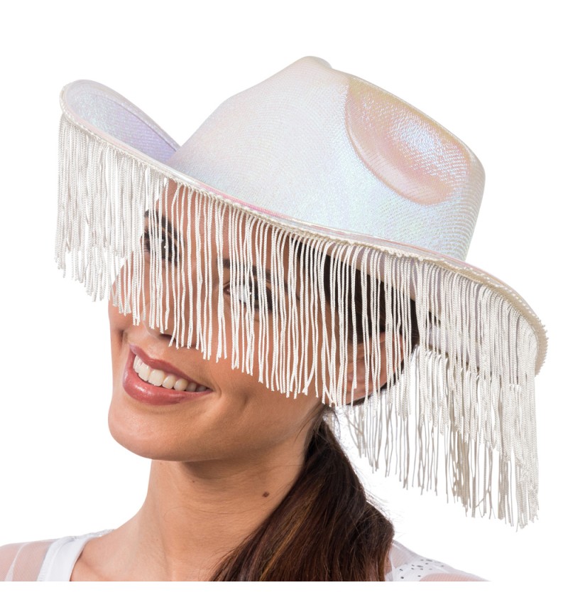 Glitrende Cowboyhat Med Frynser Hvid | Hat / Hue / Hjelm - Hovedtilbehør - Temashop