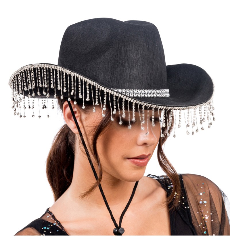Rhinsten Cowboyhat Sort | Hat / Hue / Hjelm - Hovedtilbehør - Temashop