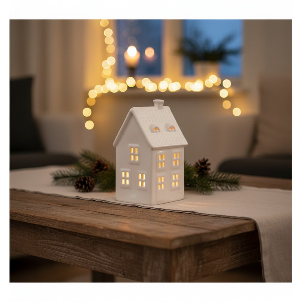 Keramik Hus Lysestage Hvid - 1 stk (9 x 9 x 17 cm) - Temashop