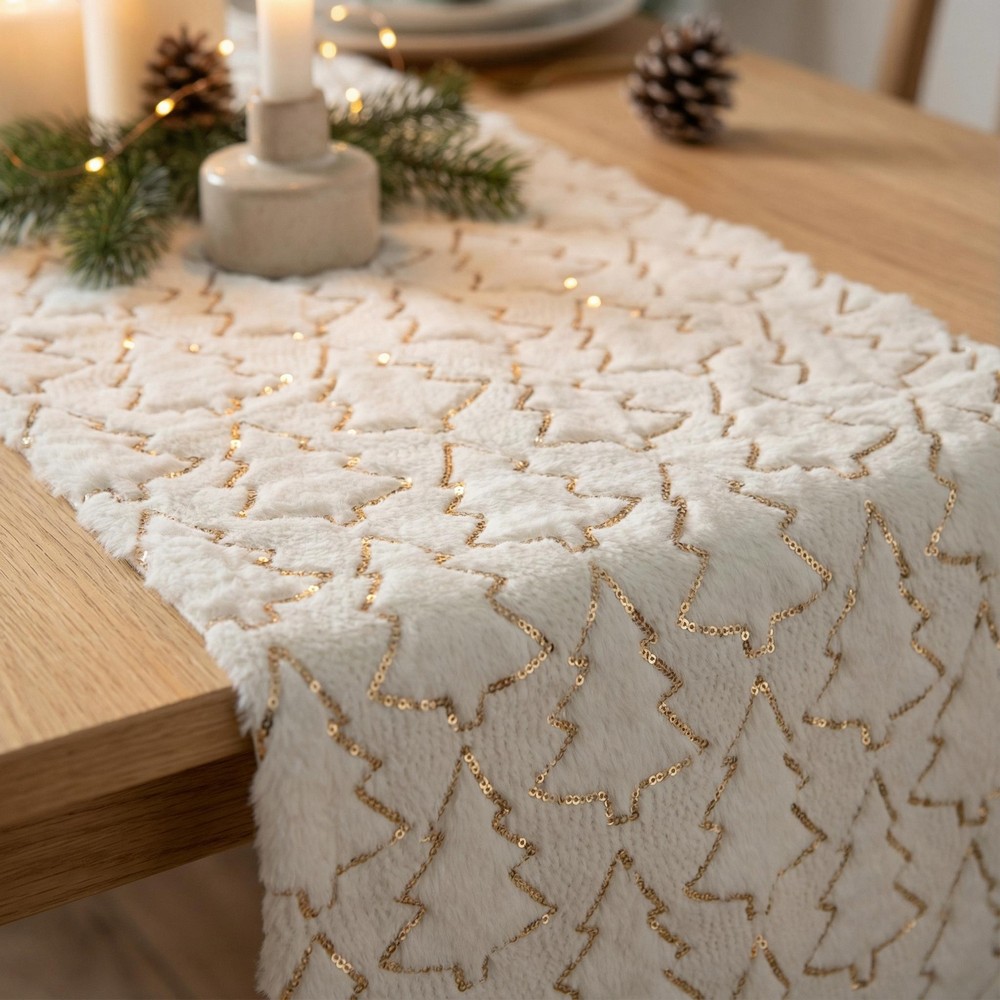 Glitter Juletræ Bordløber Hvid/Guld